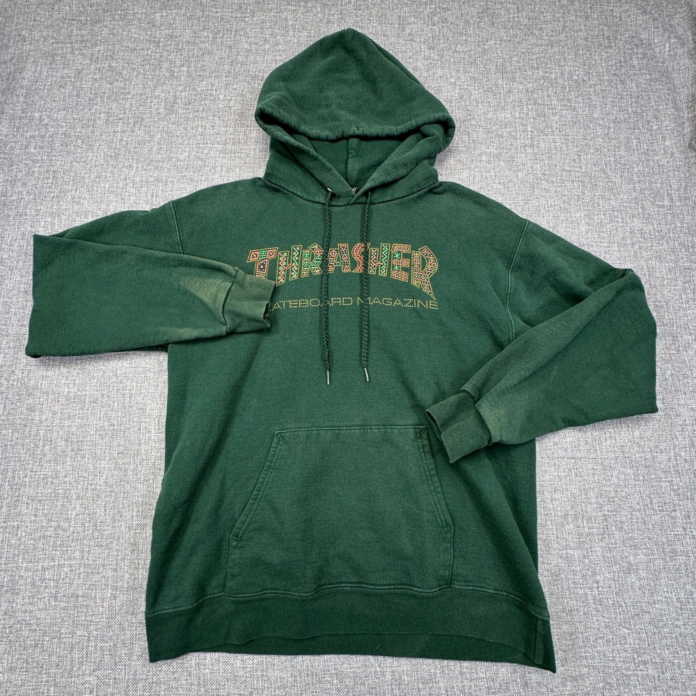Vintage 2000s Y2K Thrasher Skateboarding Hoodie Mens Small Green Distressed